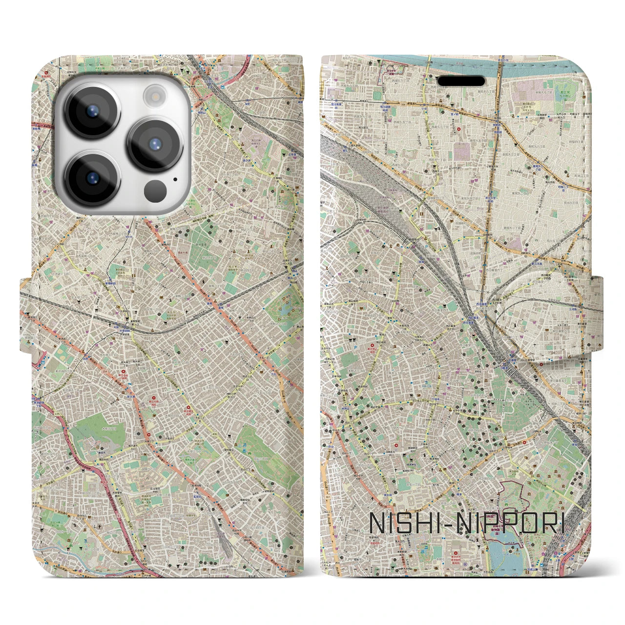 【西日暮里】地図柄iPhoneケース（手帳両面タイプ・ナチュラル）iPhone 14 Pro 用