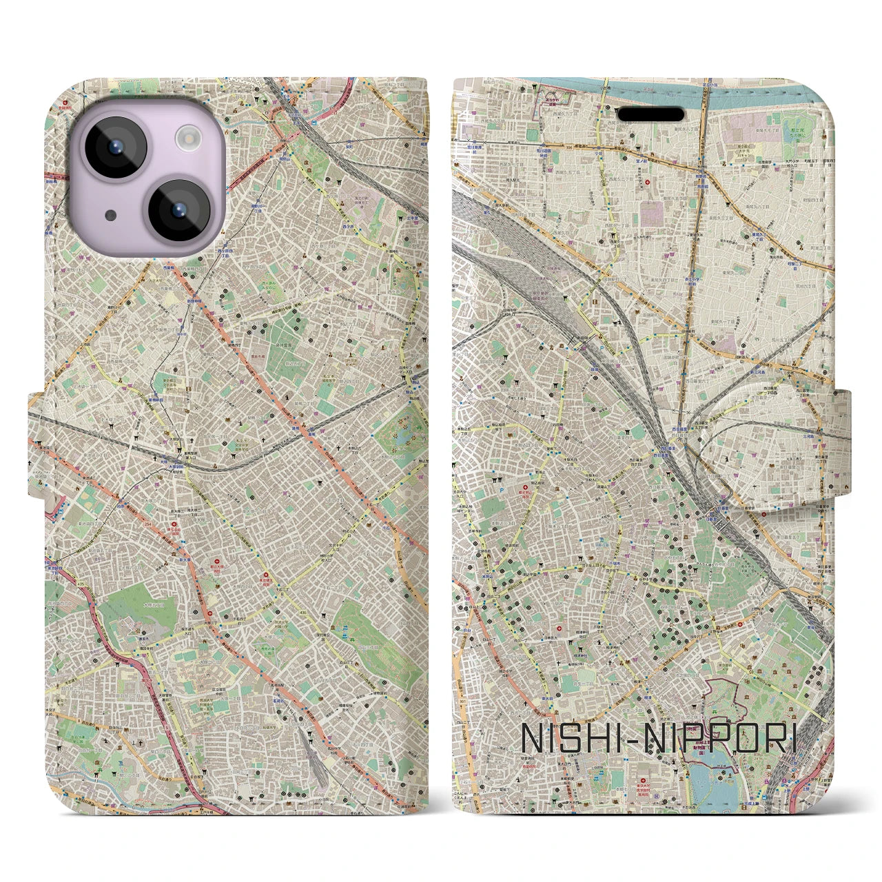 【西日暮里】地図柄iPhoneケース（手帳両面タイプ・ナチュラル）iPhone 14 用