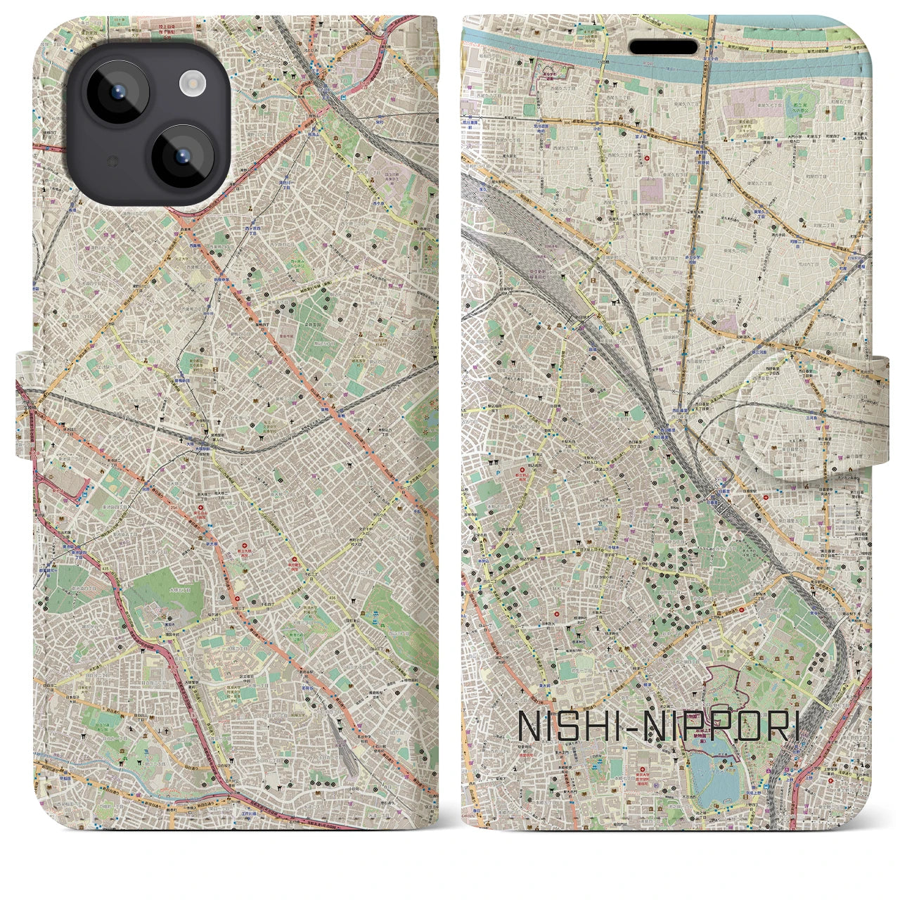 【西日暮里】地図柄iPhoneケース（手帳両面タイプ・ナチュラル）iPhone 14 Plus 用