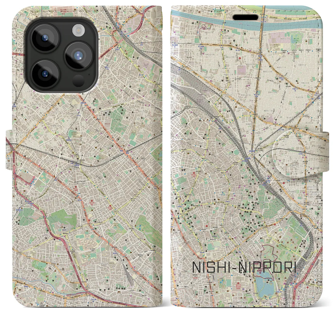 【西日暮里】地図柄iPhoneケース（手帳両面タイプ・ナチュラル）iPhone 15 Pro Max 用