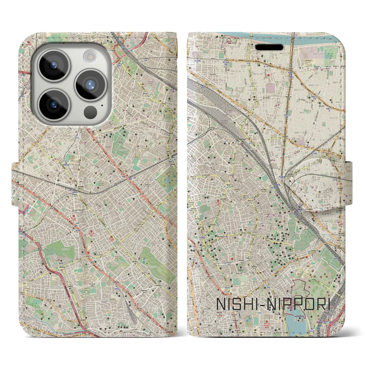 【西日暮里】地図柄iPhoneケース（手帳両面タイプ・ナチュラル）iPhone 15 Pro 用