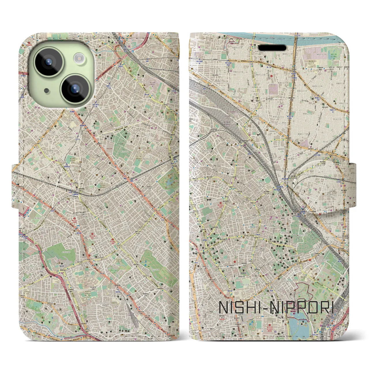 【西日暮里】地図柄iPhoneケース（手帳両面タイプ・ナチュラル）iPhone 15 用