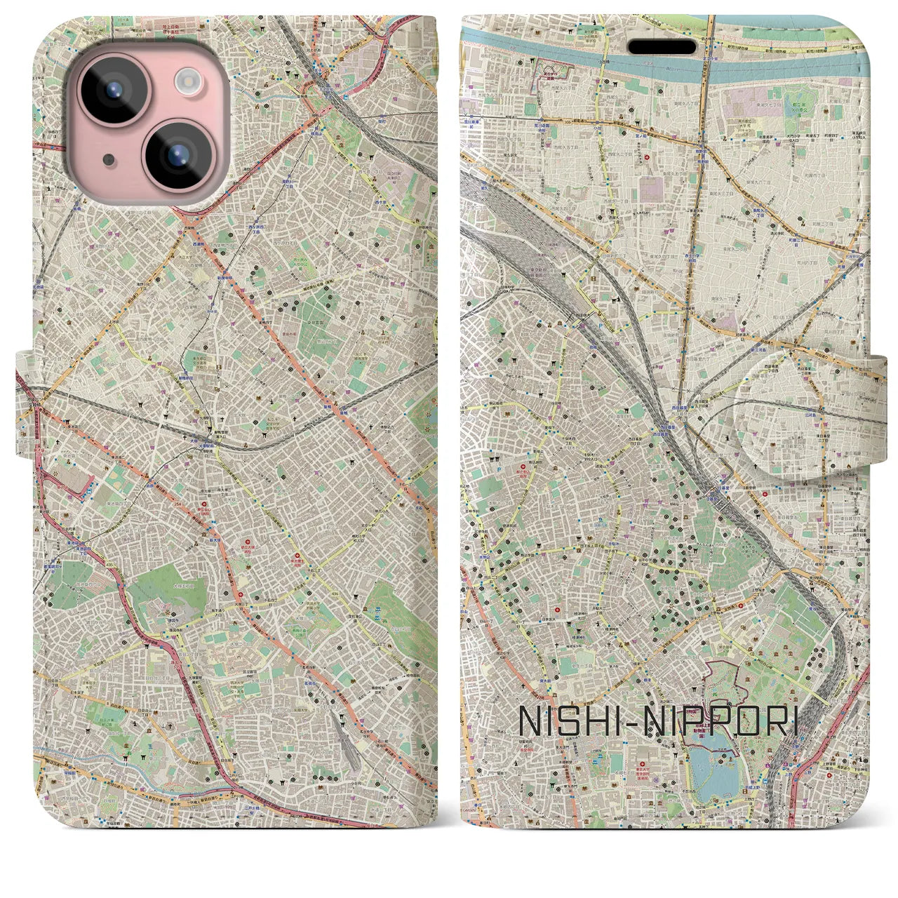 【西日暮里】地図柄iPhoneケース（手帳両面タイプ・ナチュラル）iPhone 15 Plus 用