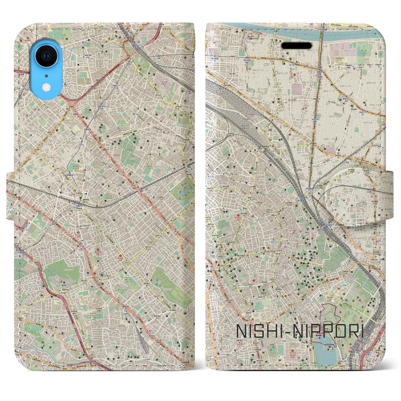 【西日暮里】地図柄iPhoneケース（手帳両面タイプ・ナチュラル）iPhone XR 用