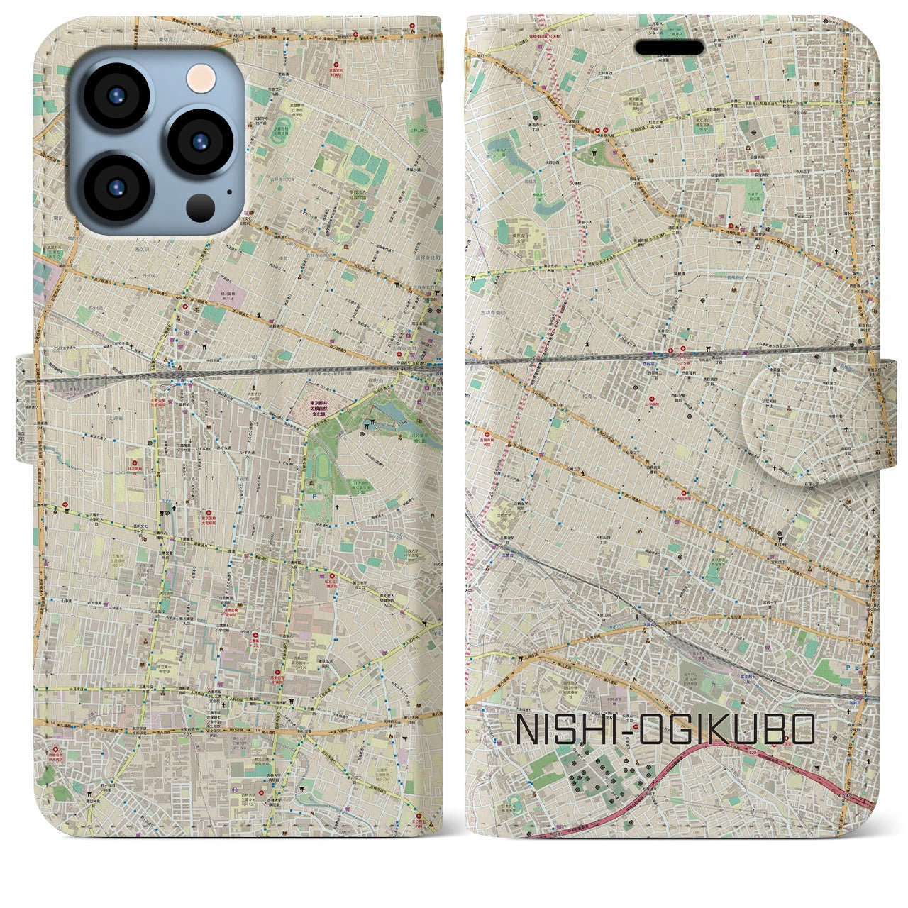 【西荻窪】地図柄iPhoneケース（手帳両面タイプ・ナチュラル）iPhone 13 Pro Max 用
