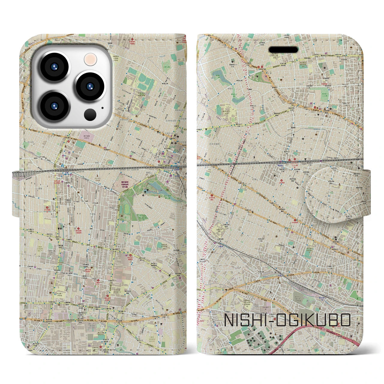 【西荻窪】地図柄iPhoneケース（手帳両面タイプ・ナチュラル）iPhone 13 Pro 用