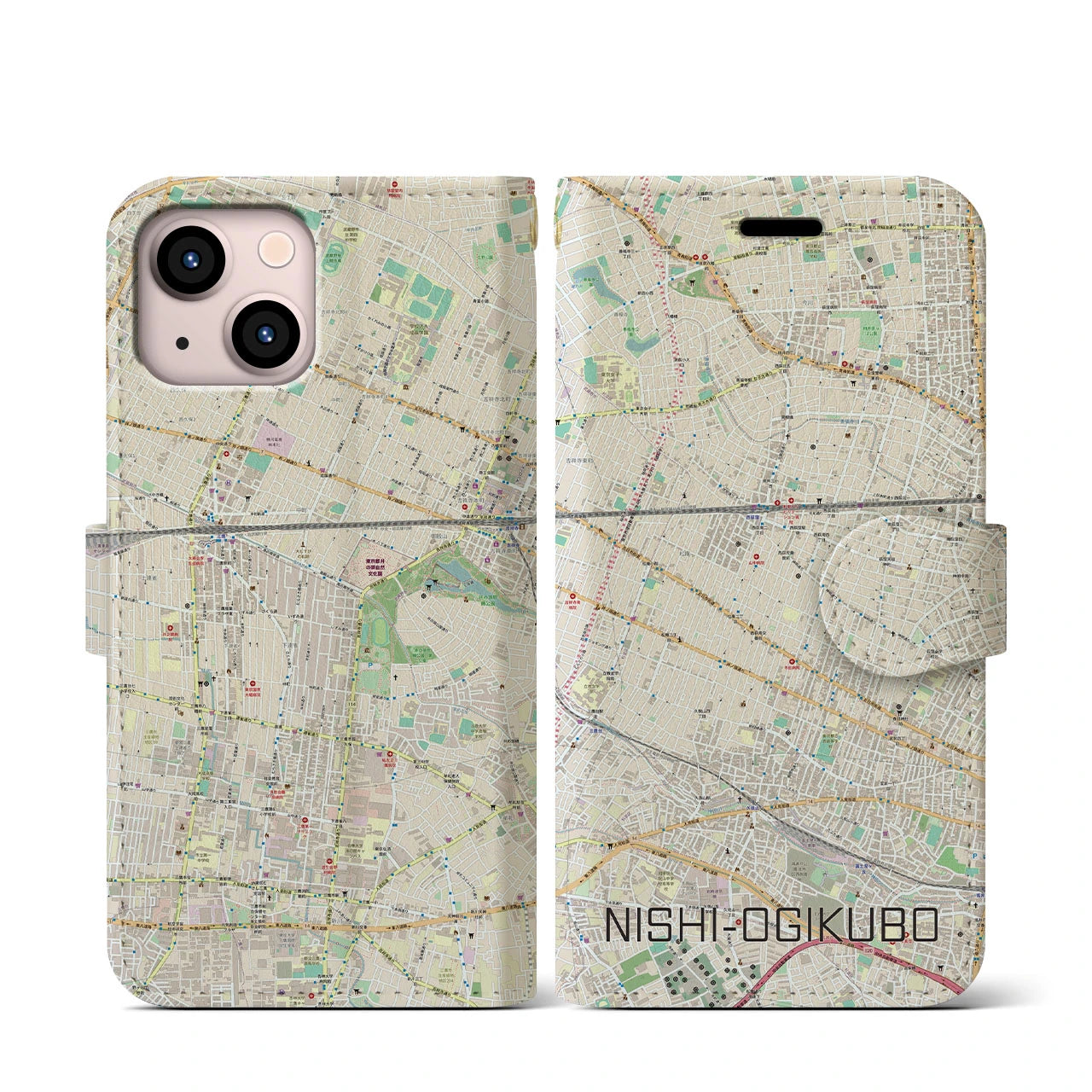 【西荻窪】地図柄iPhoneケース（手帳両面タイプ・ナチュラル）iPhone 13 mini 用
