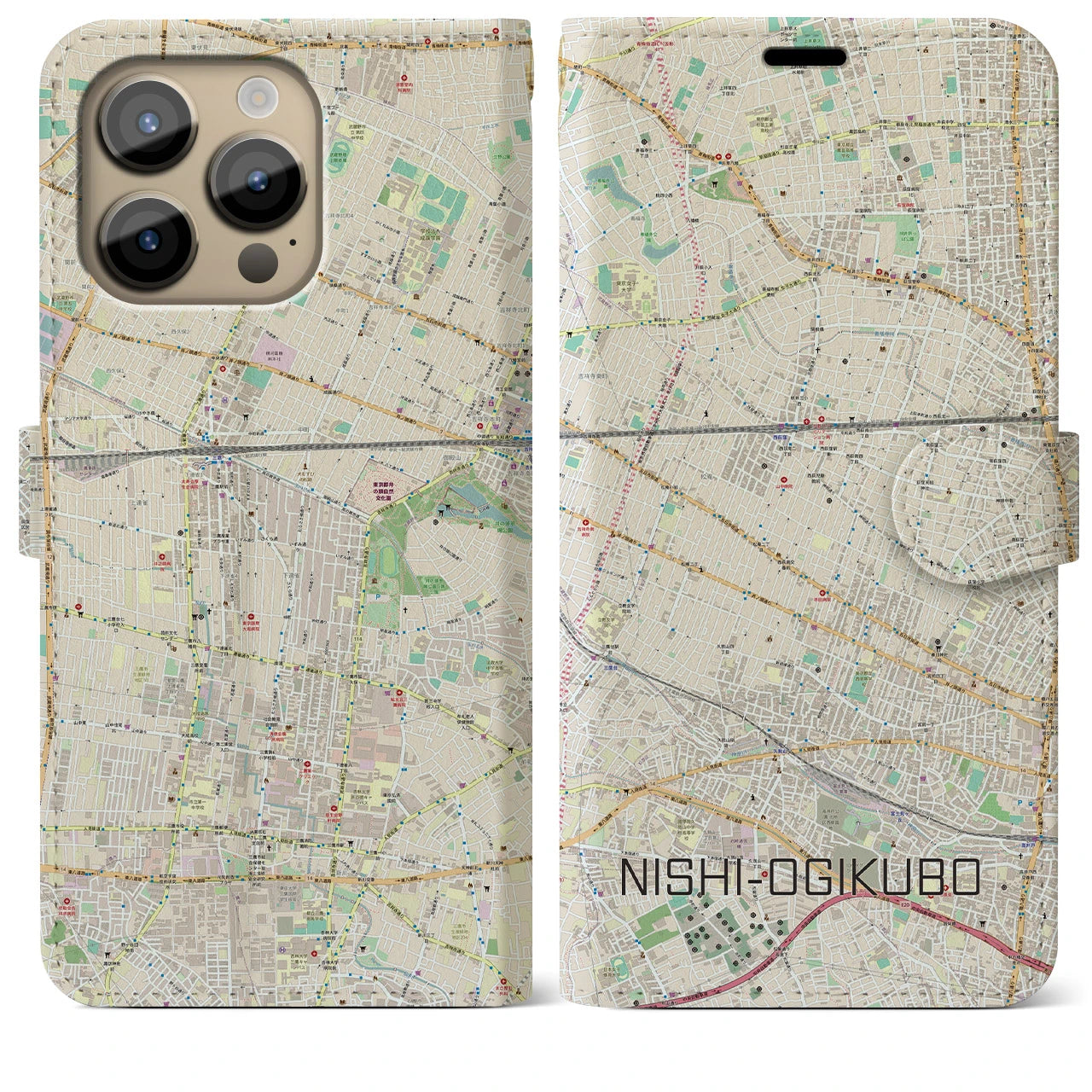 【西荻窪】地図柄iPhoneケース（手帳両面タイプ・ナチュラル）iPhone 14 Pro Max 用