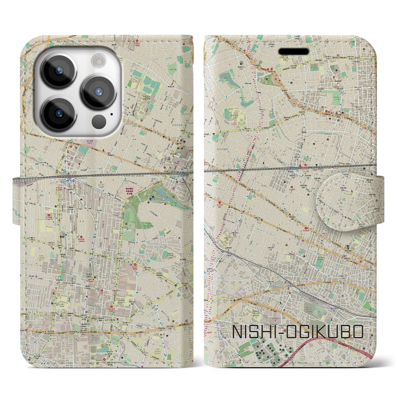 【西荻窪】地図柄iPhoneケース（手帳両面タイプ・ナチュラル）iPhone 14 Pro 用