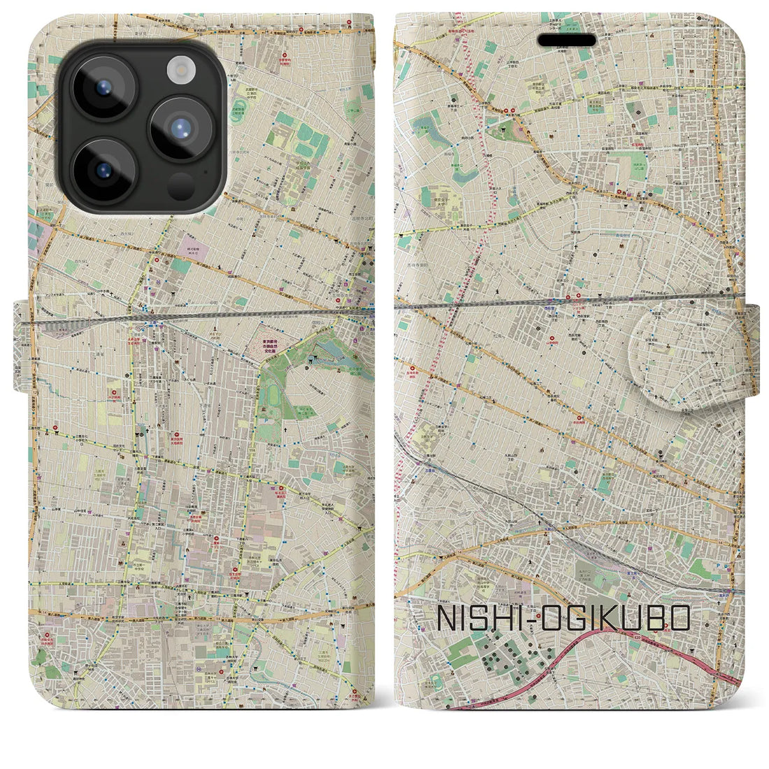 【西荻窪】地図柄iPhoneケース（手帳両面タイプ・ナチュラル）iPhone 15 Pro Max 用