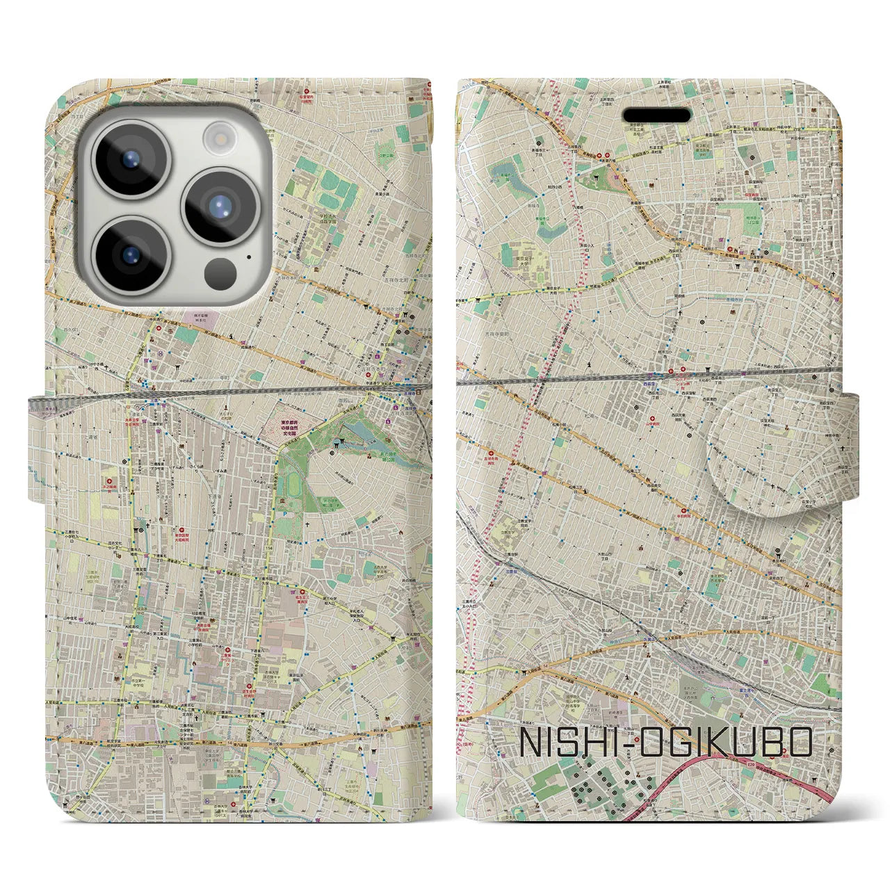 【西荻窪】地図柄iPhoneケース（手帳両面タイプ・ナチュラル）iPhone 15 Pro 用