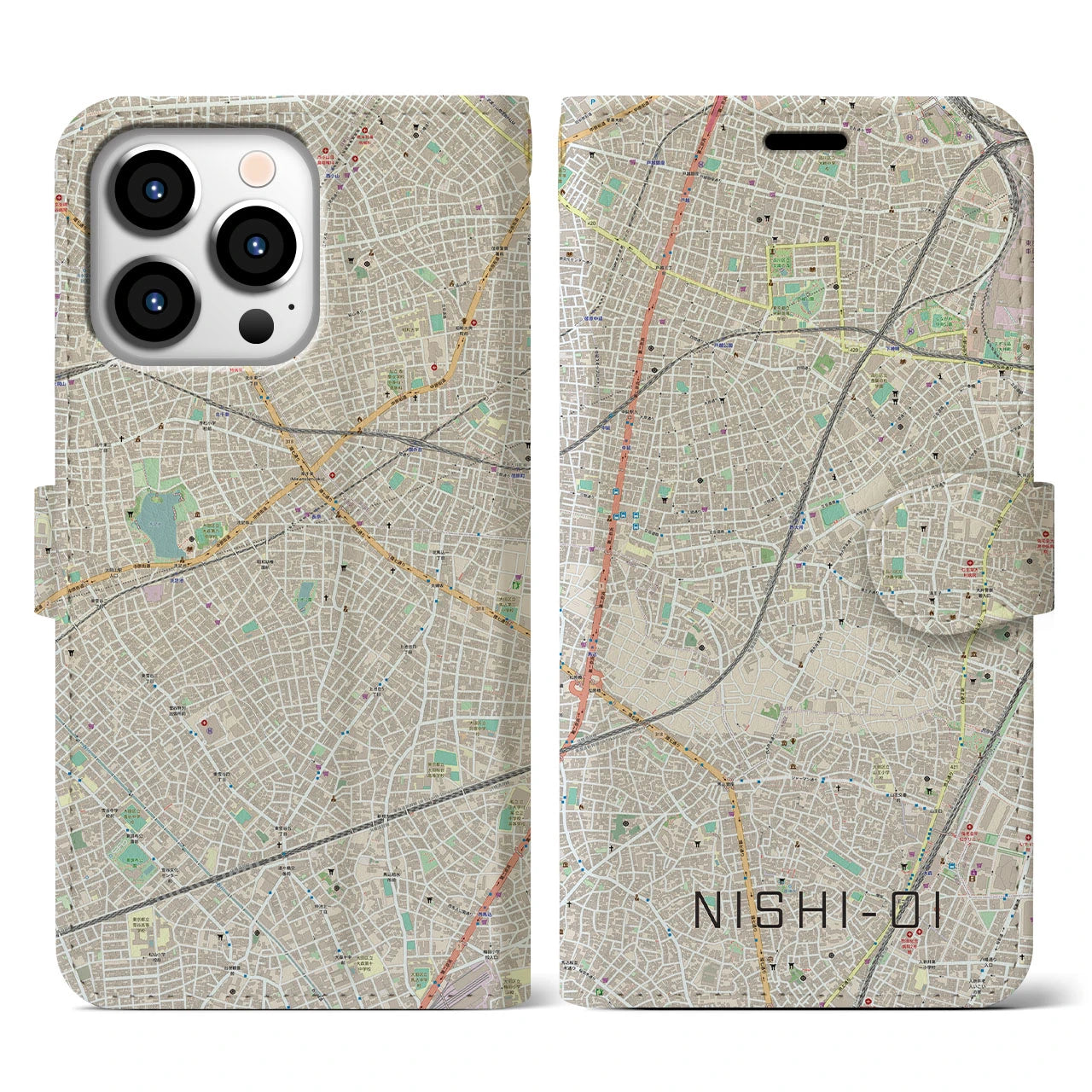 【西大井】地図柄iPhoneケース（手帳両面タイプ・ナチュラル）iPhone 13 Pro 用