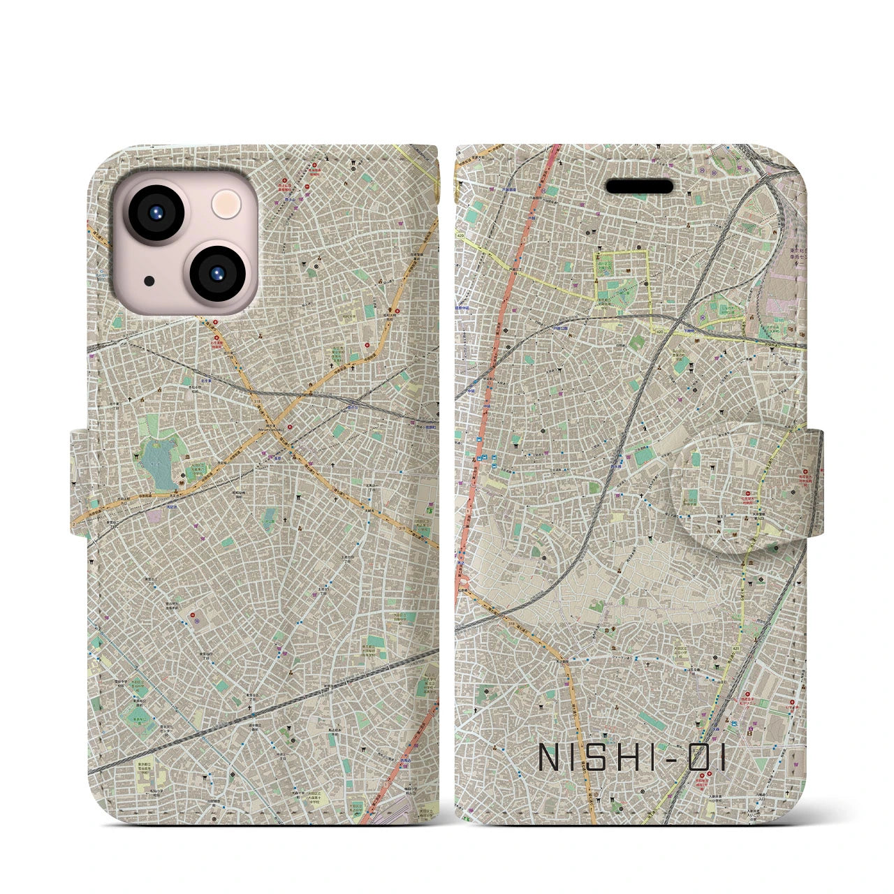 【西大井】地図柄iPhoneケース（手帳両面タイプ・ナチュラル）iPhone 13 mini 用