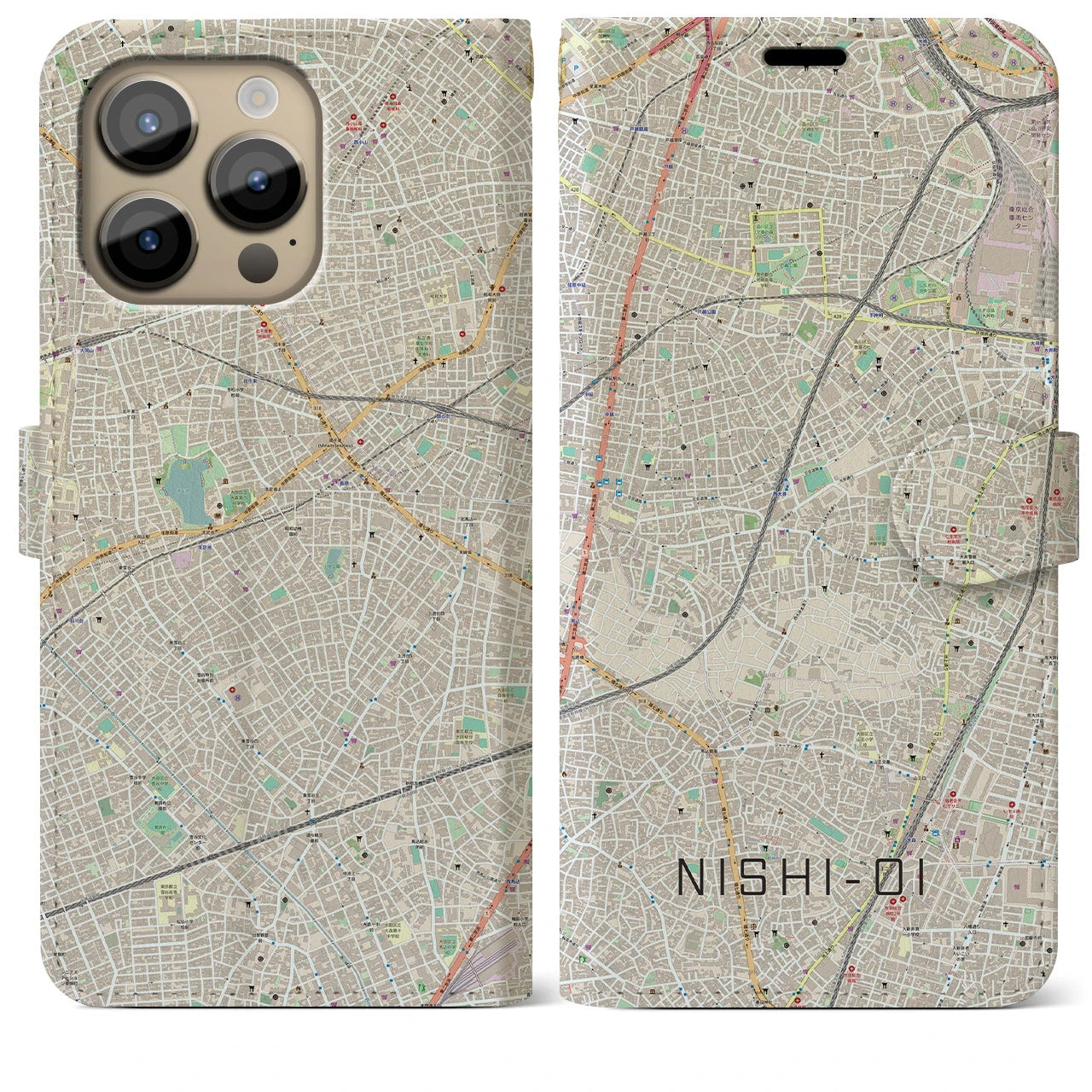 【西大井】地図柄iPhoneケース（手帳両面タイプ・ナチュラル）iPhone 14 Pro Max 用
