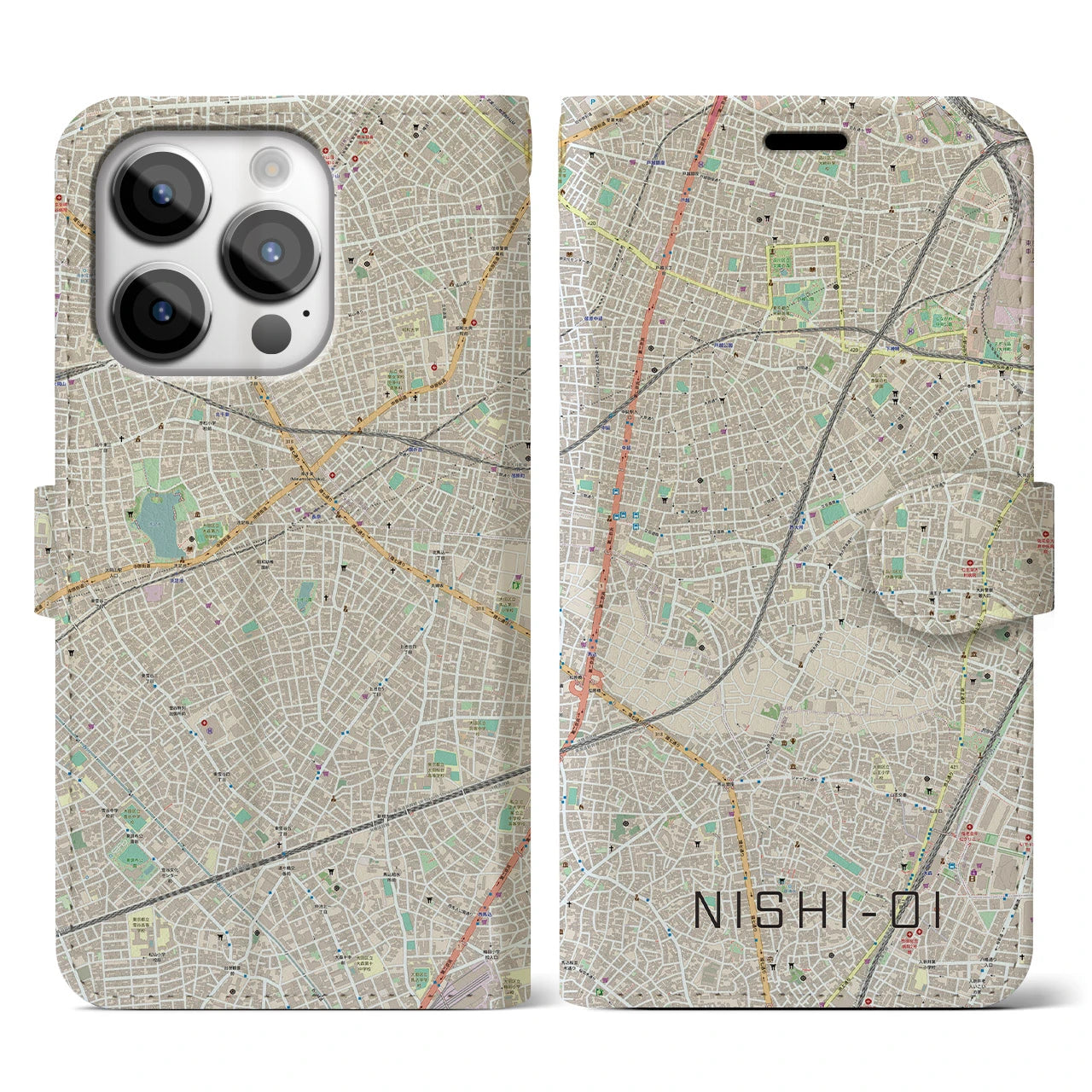 【西大井】地図柄iPhoneケース（手帳両面タイプ・ナチュラル）iPhone 14 Pro 用