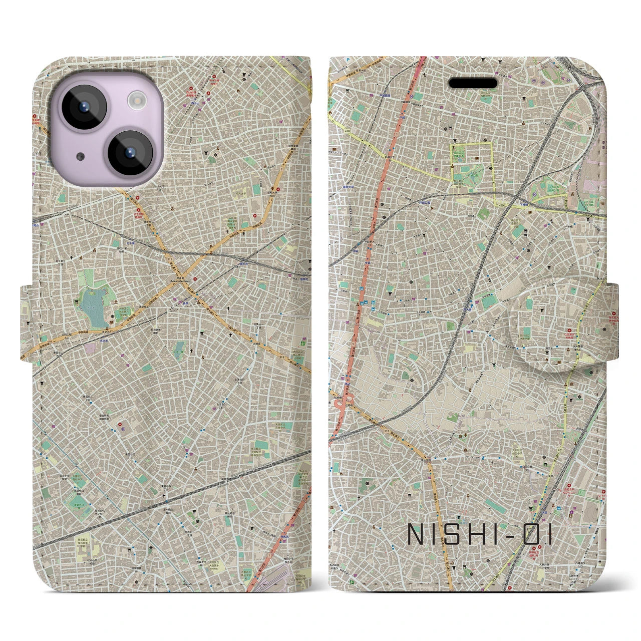【西大井】地図柄iPhoneケース（手帳両面タイプ・ナチュラル）iPhone 14 用