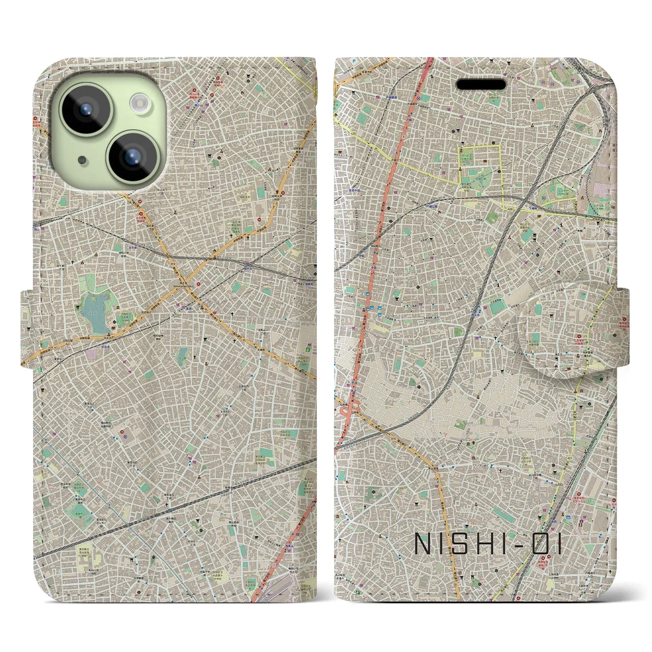 【西大井】地図柄iPhoneケース（手帳両面タイプ・ナチュラル）iPhone 15 用