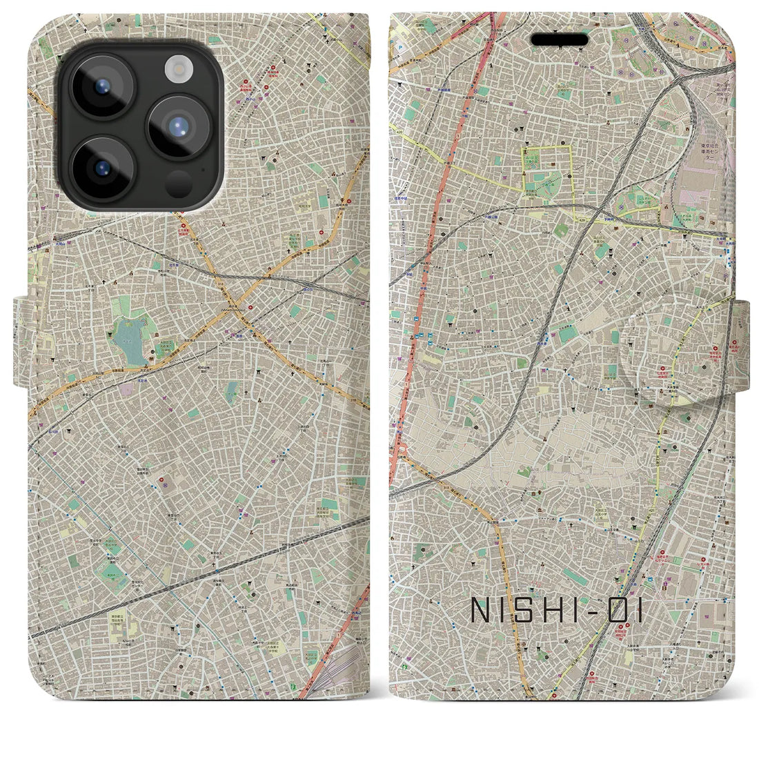 【西大井】地図柄iPhoneケース（手帳両面タイプ・ナチュラル）iPhone 15 Pro Max 用