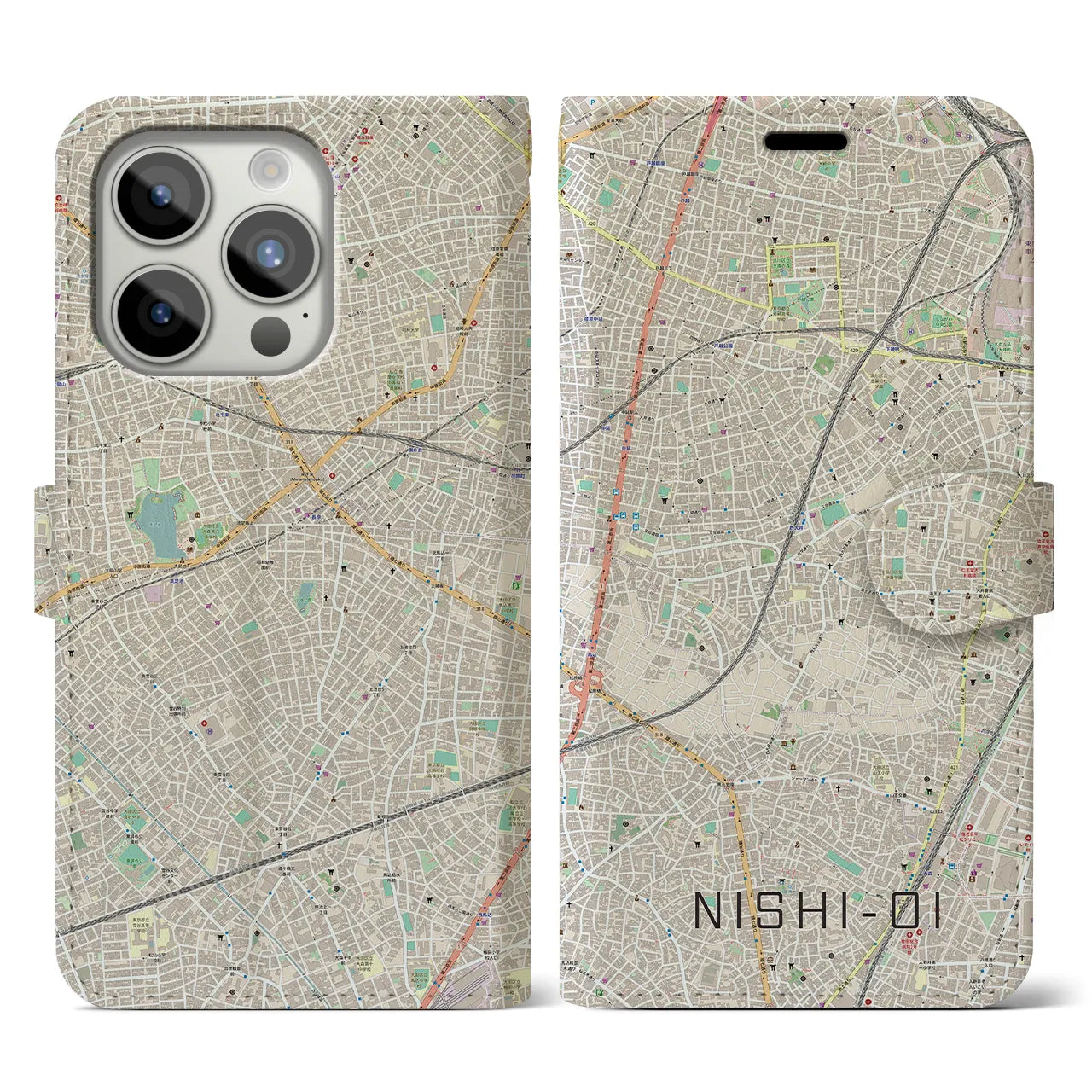 【西大井】地図柄iPhoneケース（手帳両面タイプ・ナチュラル）iPhone 15 Pro 用