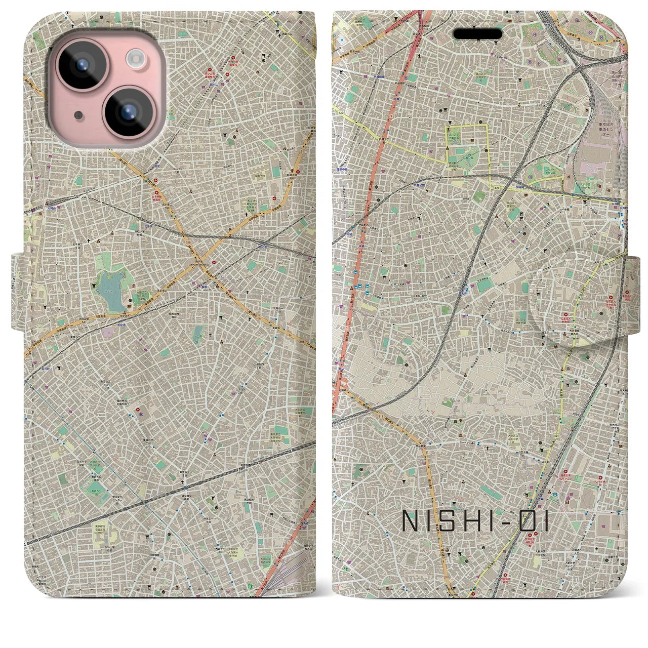 【西大井】地図柄iPhoneケース（手帳両面タイプ・ナチュラル）iPhone 15 Plus 用