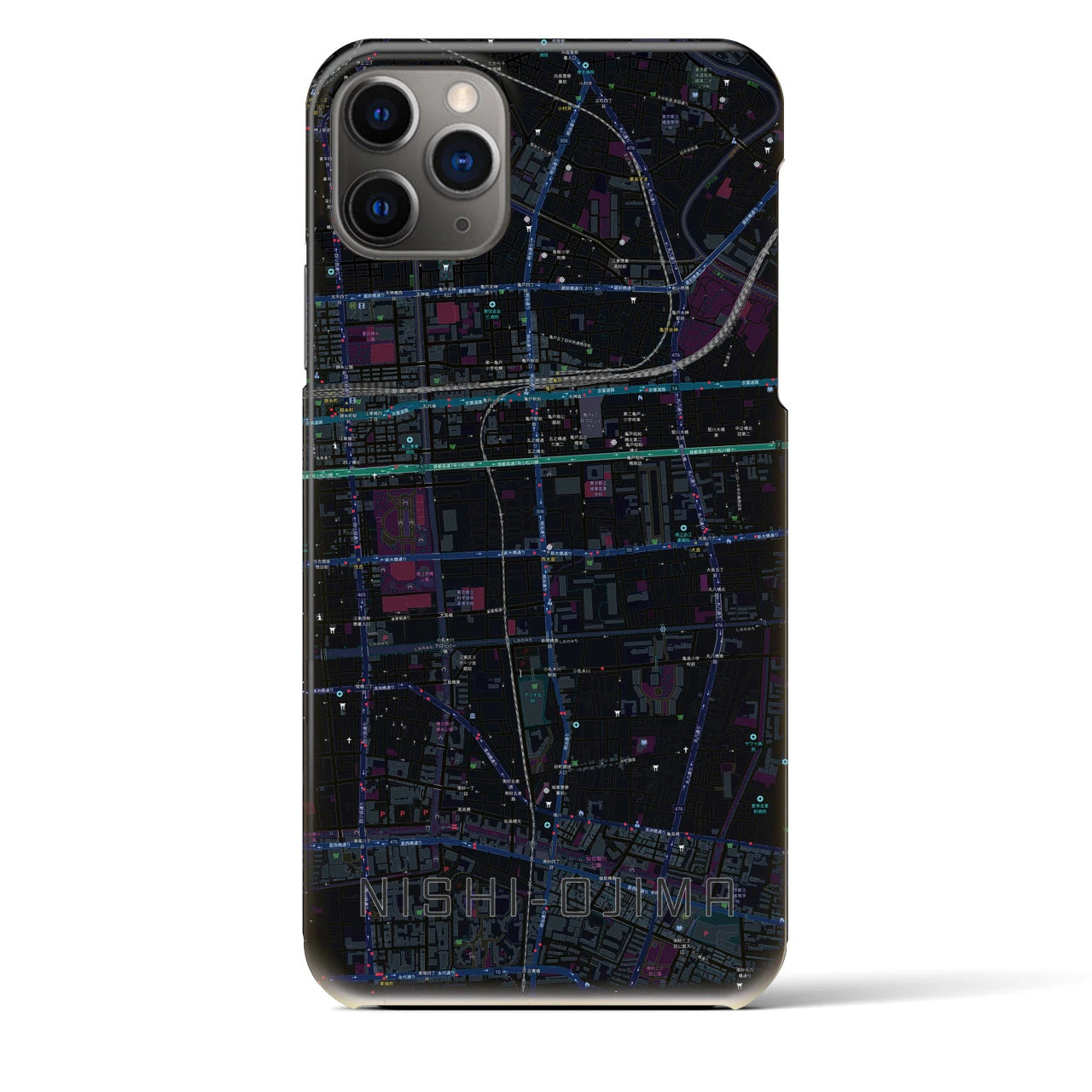 【西大島】地図柄iPhoneケース（バックカバータイプ・ブラック）iPhone 11 Pro Max 用