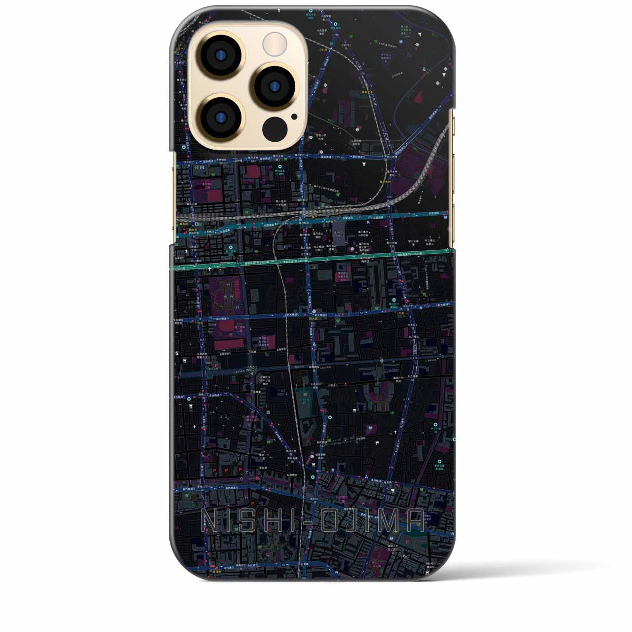 【西大島】地図柄iPhoneケース（バックカバータイプ・ブラック）iPhone 12 Pro Max 用
