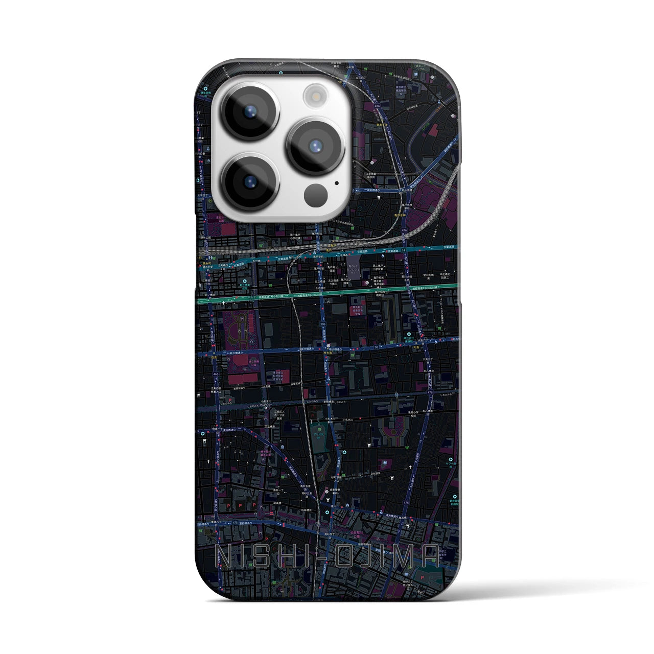 【西大島】地図柄iPhoneケース（バックカバータイプ・ブラック）iPhone 14 Pro 用