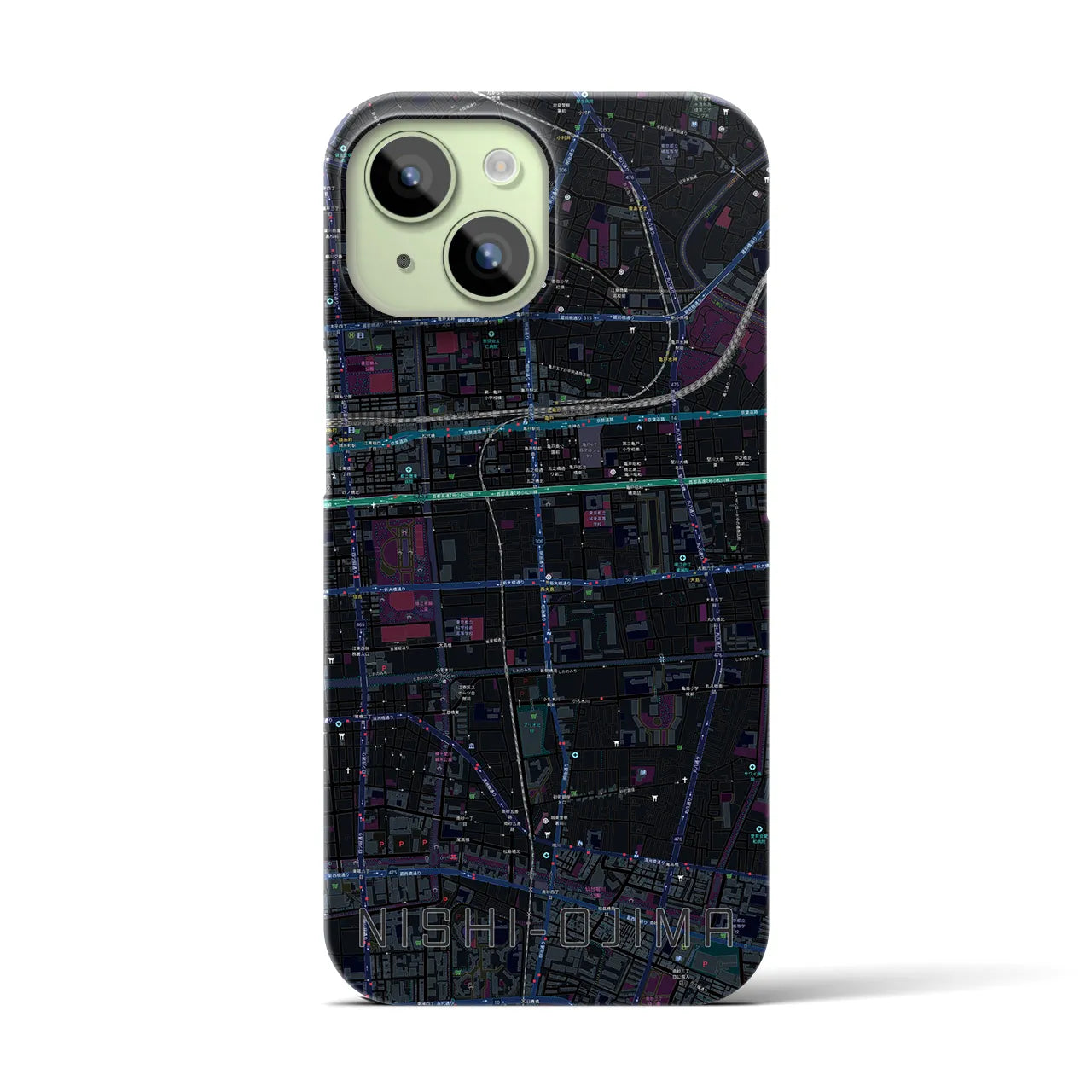 【西大島】地図柄iPhoneケース（バックカバータイプ・ブラック）iPhone 15 用