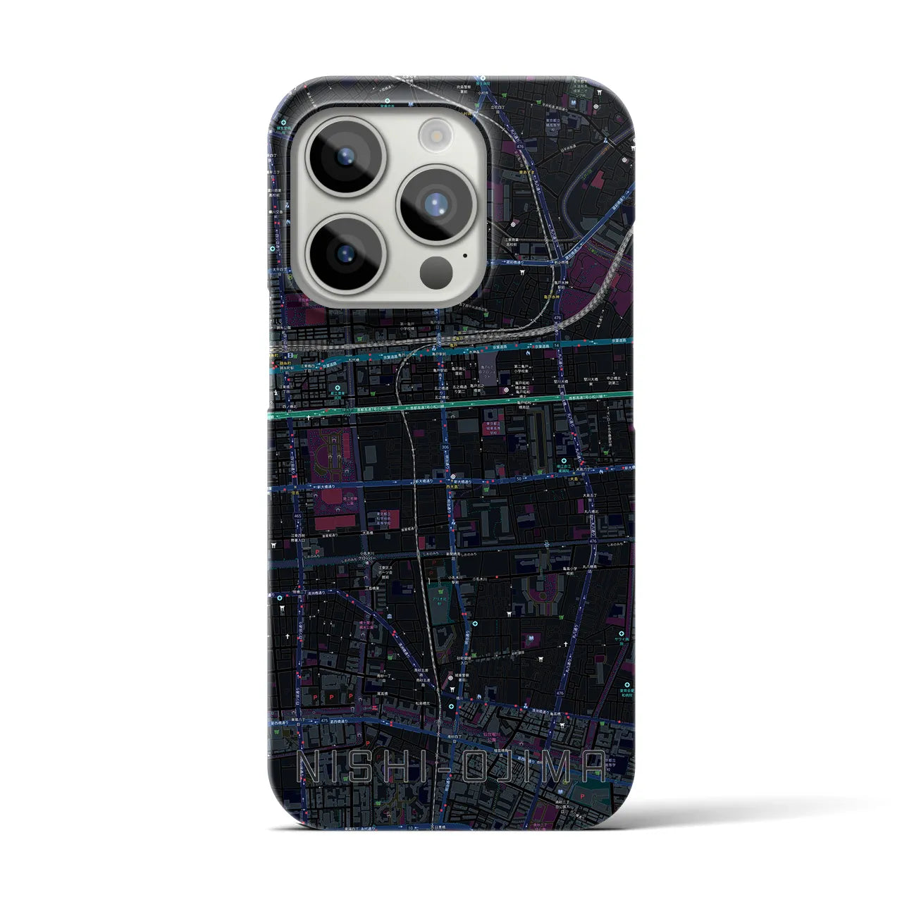 【西大島】地図柄iPhoneケース（バックカバータイプ・ブラック）iPhone 15 Pro 用