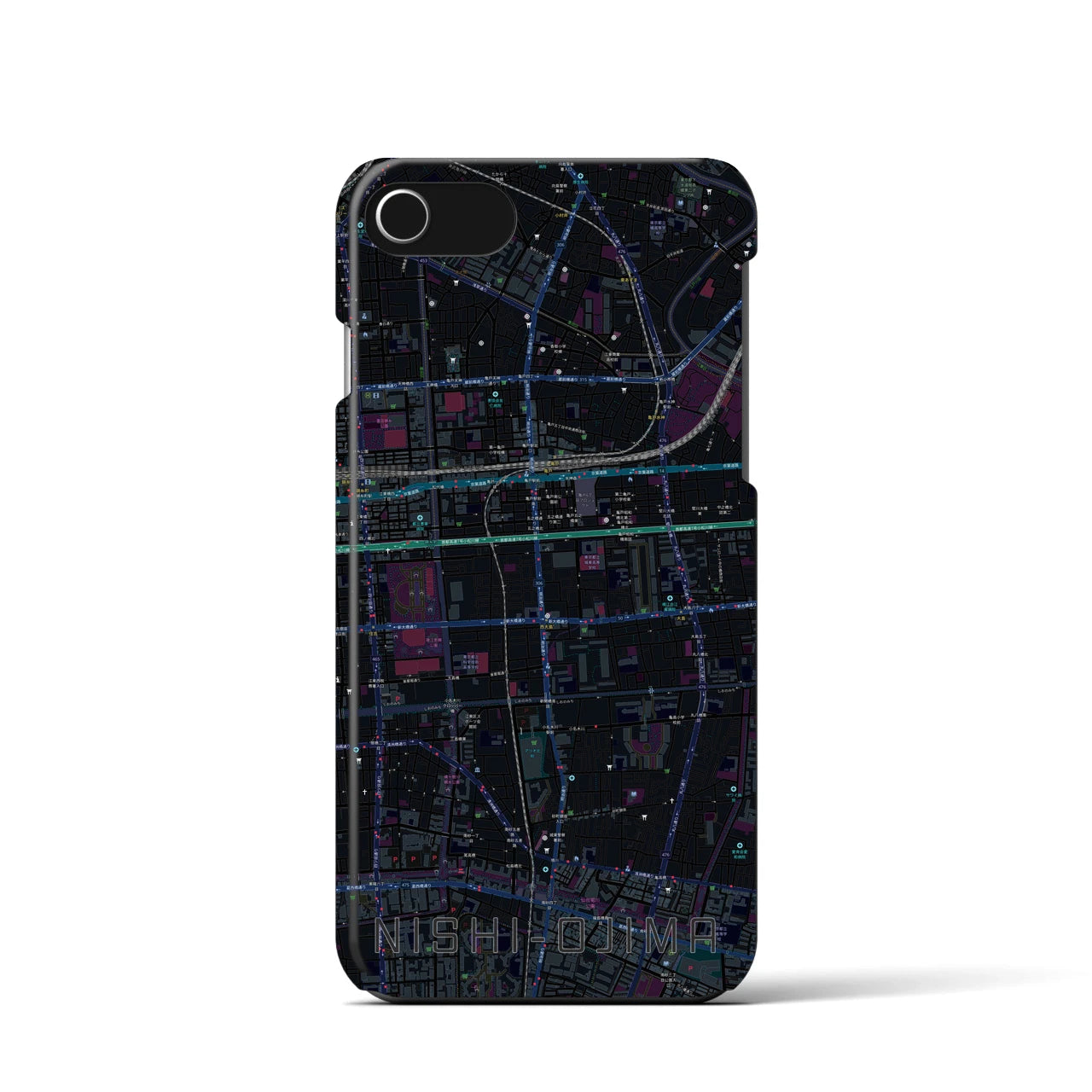 【西大島】地図柄iPhoneケース（バックカバータイプ・ブラック）iPhone SE（第3 / 第2世代） / 8 / 7 / 6s / 6 用