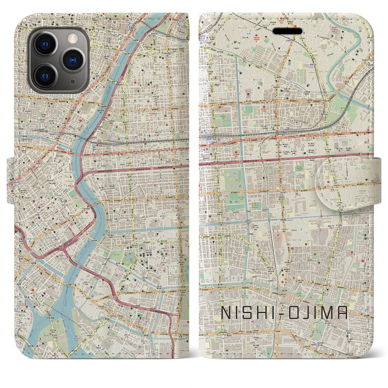 【西大島】地図柄iPhoneケース（手帳両面タイプ・ナチュラル）iPhone 11 Pro Max 用