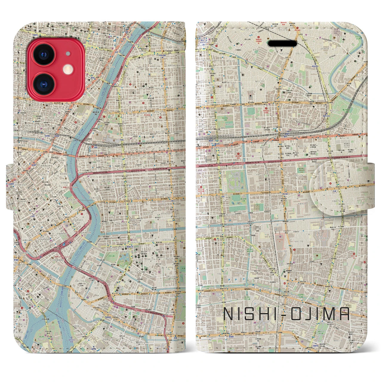 【西大島】地図柄iPhoneケース（手帳両面タイプ・ナチュラル）iPhone 11 用