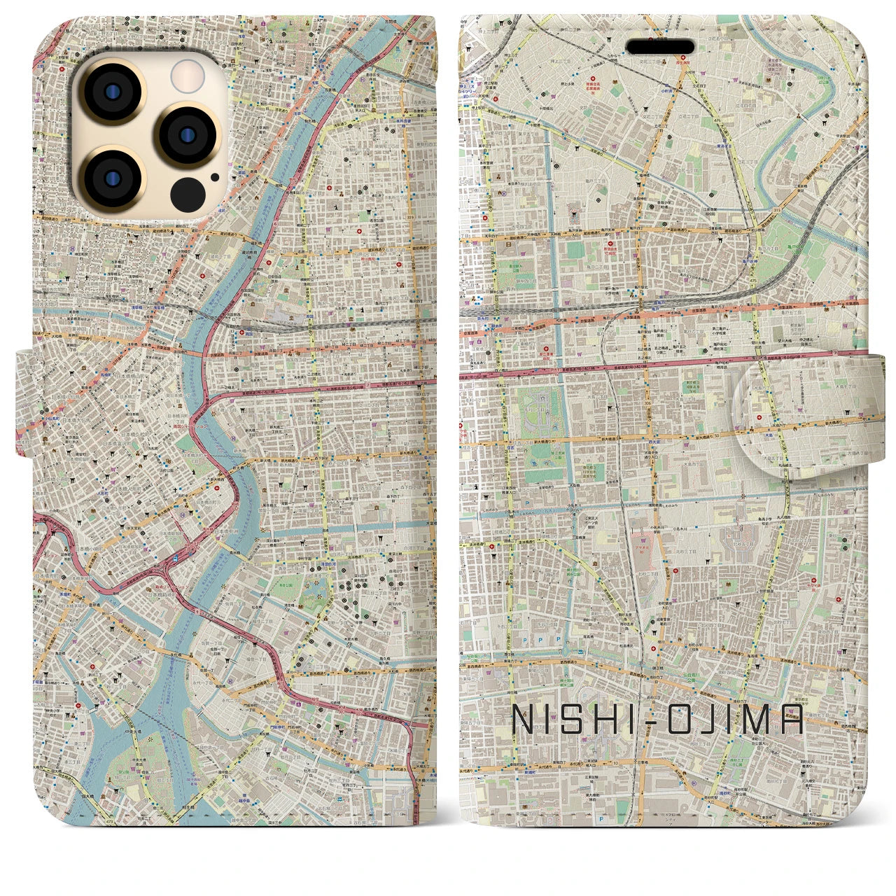 【西大島】地図柄iPhoneケース（手帳両面タイプ・ナチュラル）iPhone 12 Pro Max 用