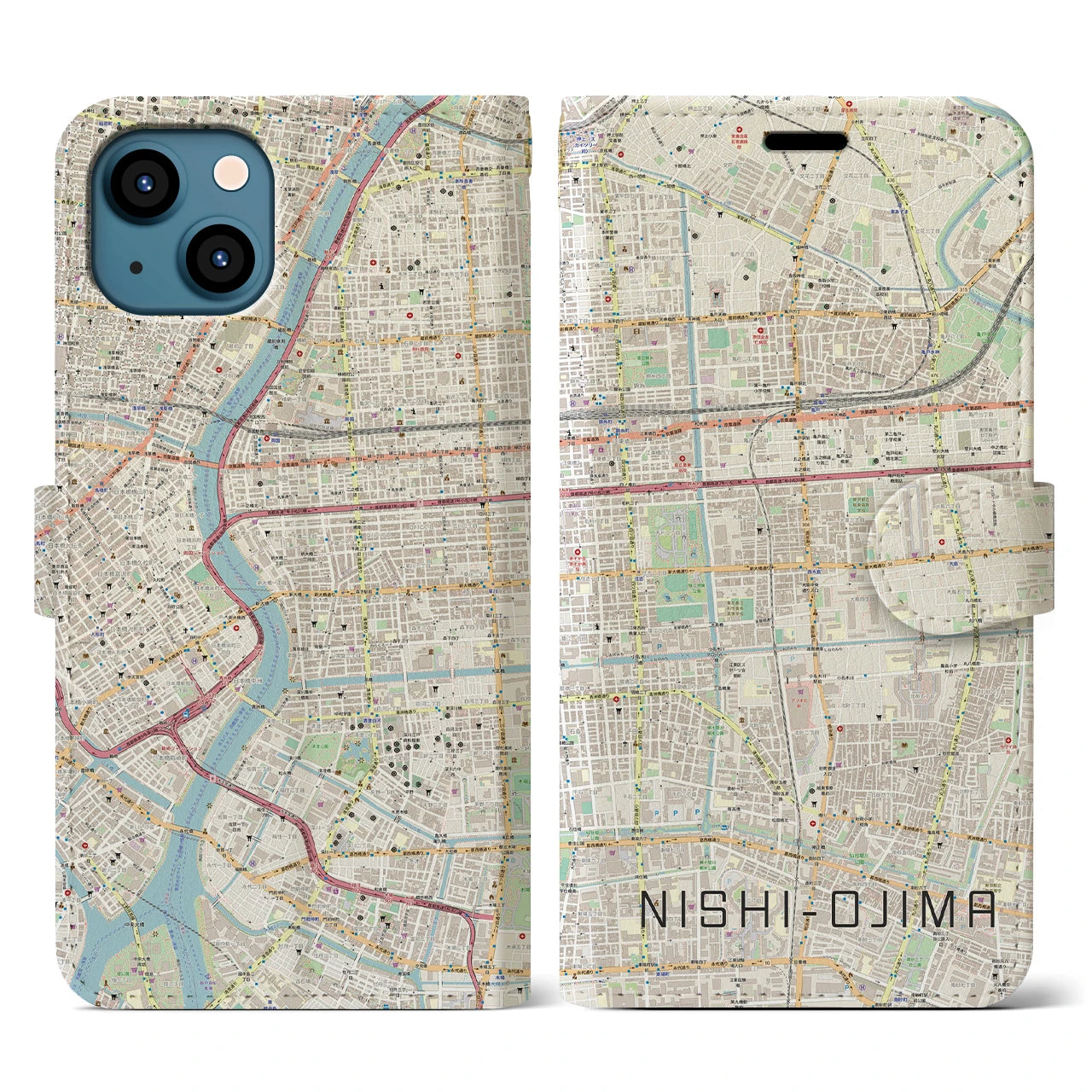 【西大島】地図柄iPhoneケース（手帳両面タイプ・ナチュラル）iPhone 13 用