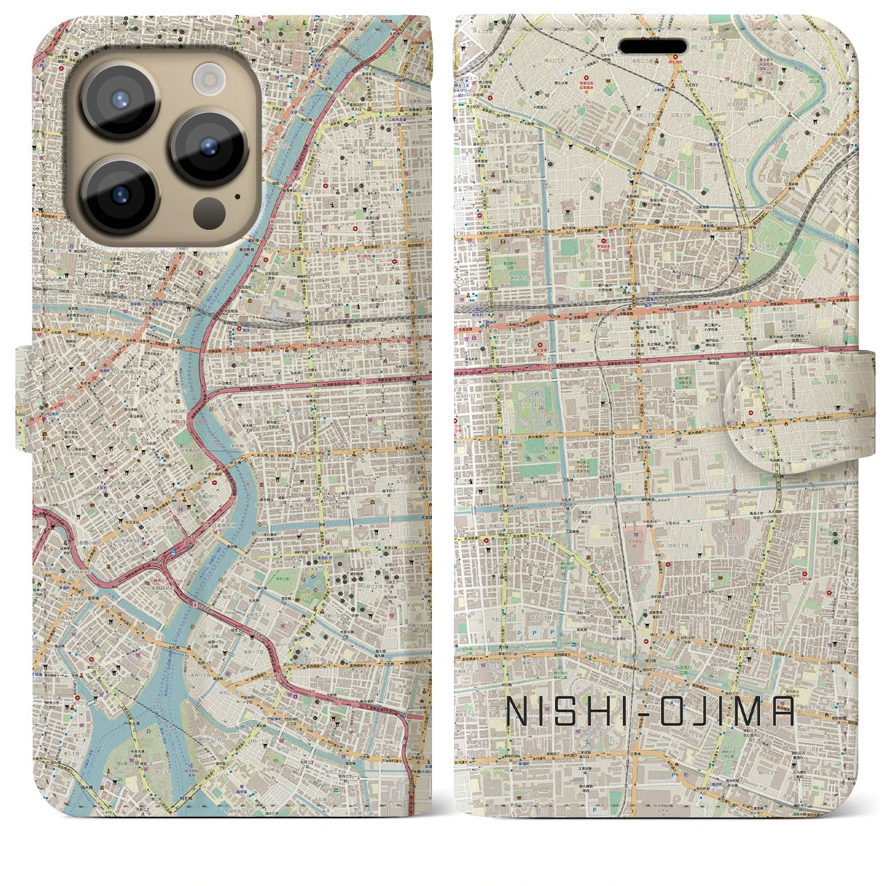 【西大島】地図柄iPhoneケース（手帳両面タイプ・ナチュラル）iPhone 14 Pro Max 用