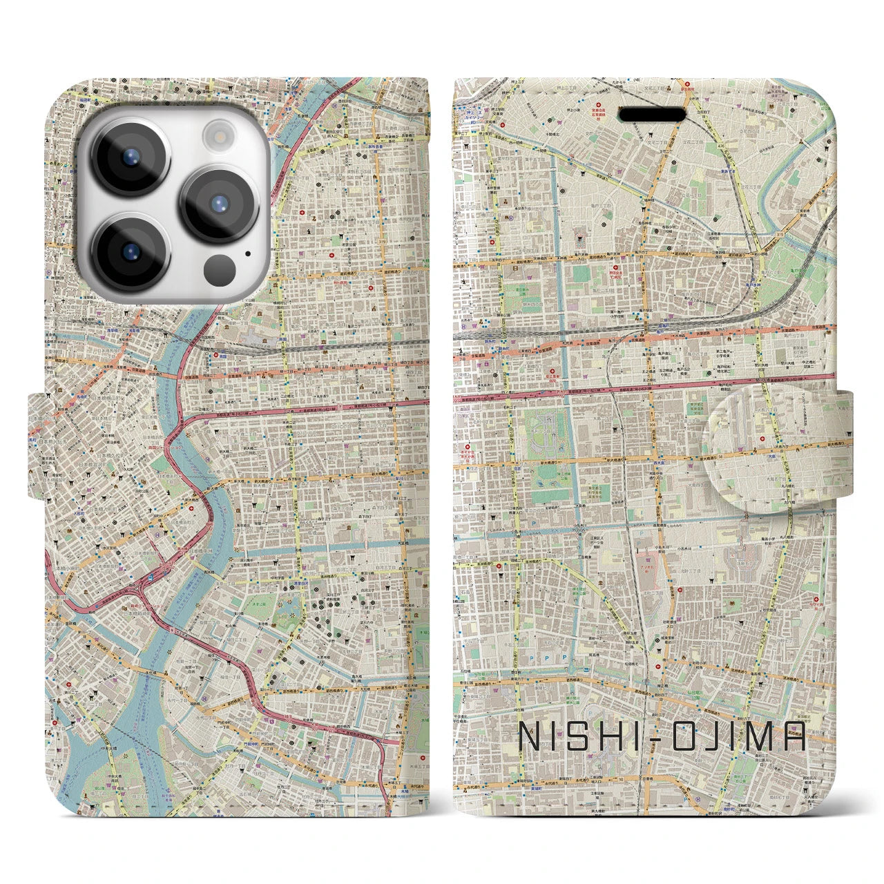 【西大島】地図柄iPhoneケース（手帳両面タイプ・ナチュラル）iPhone 14 Pro 用