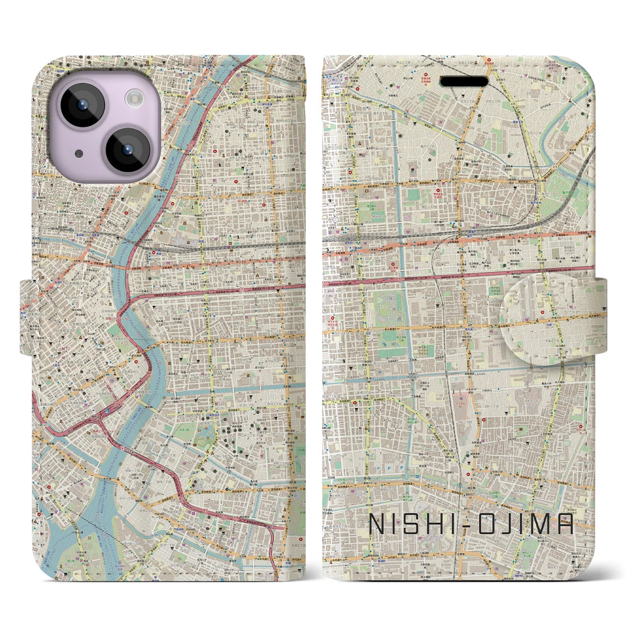 【西大島】地図柄iPhoneケース（手帳両面タイプ・ナチュラル）iPhone 14 用