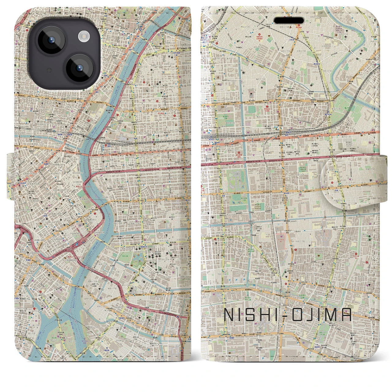 【西大島】地図柄iPhoneケース（手帳両面タイプ・ナチュラル）iPhone 14 Plus 用