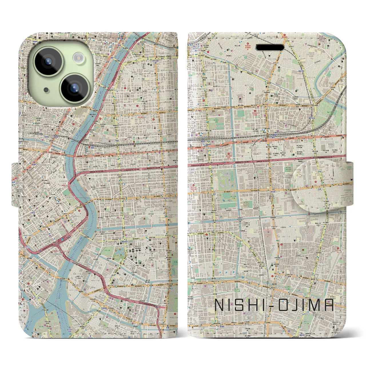 【西大島】地図柄iPhoneケース（手帳両面タイプ・ナチュラル）iPhone 15 用