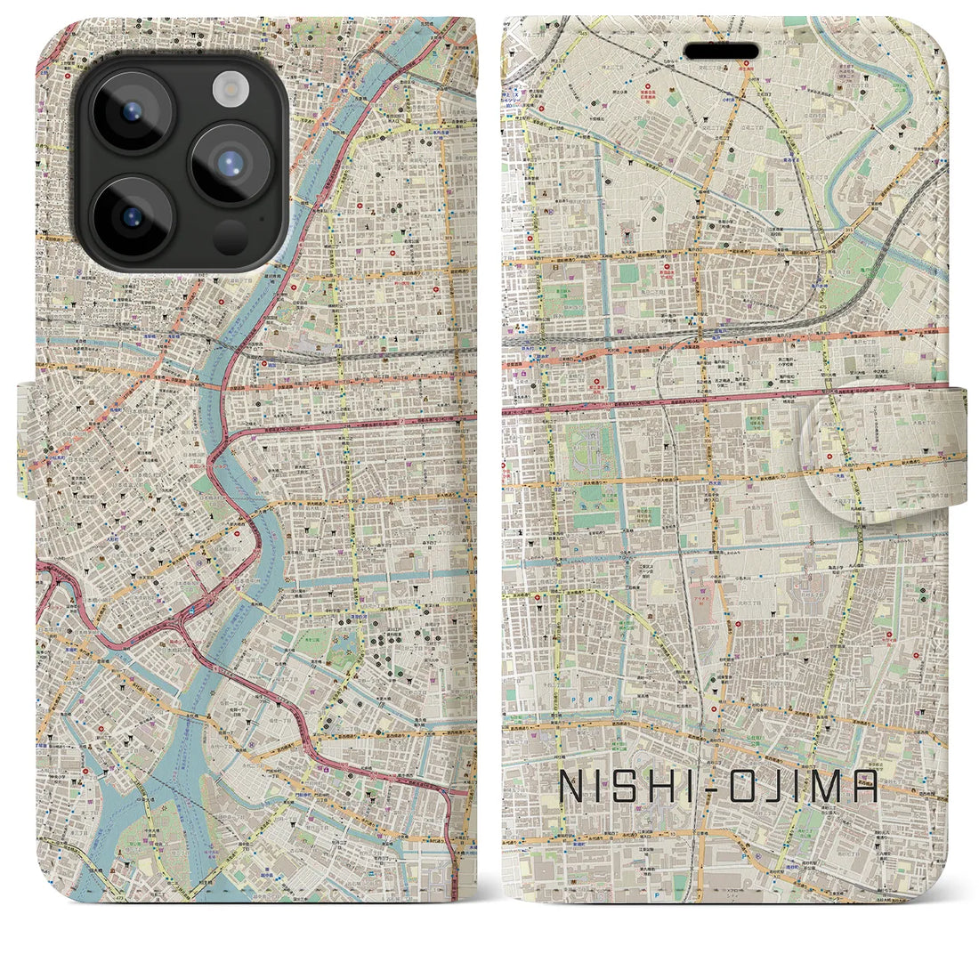 【西大島】地図柄iPhoneケース（手帳両面タイプ・ナチュラル）iPhone 15 Pro Max 用