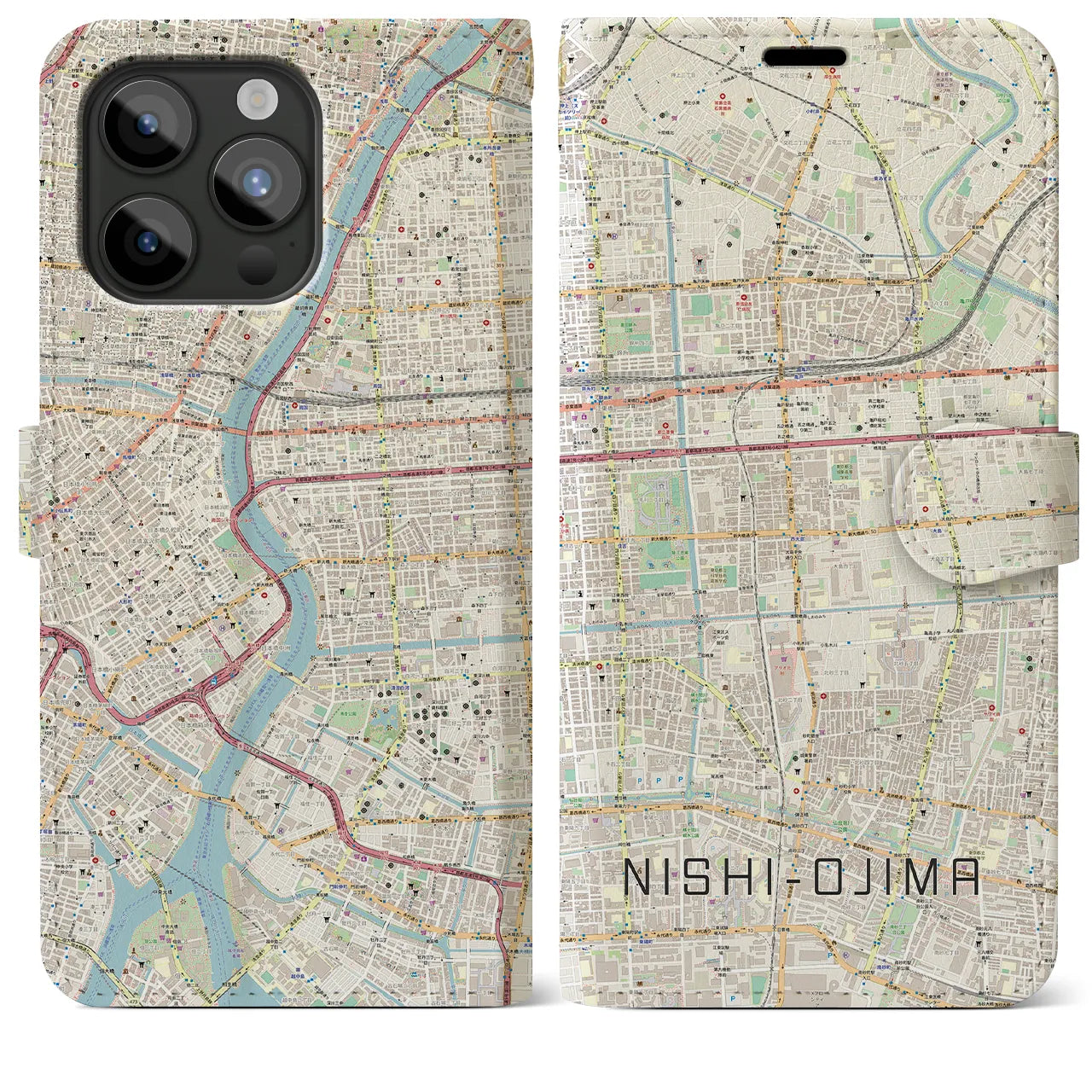 【西大島】地図柄iPhoneケース（手帳両面タイプ・ナチュラル）iPhone 15 Pro Max 用