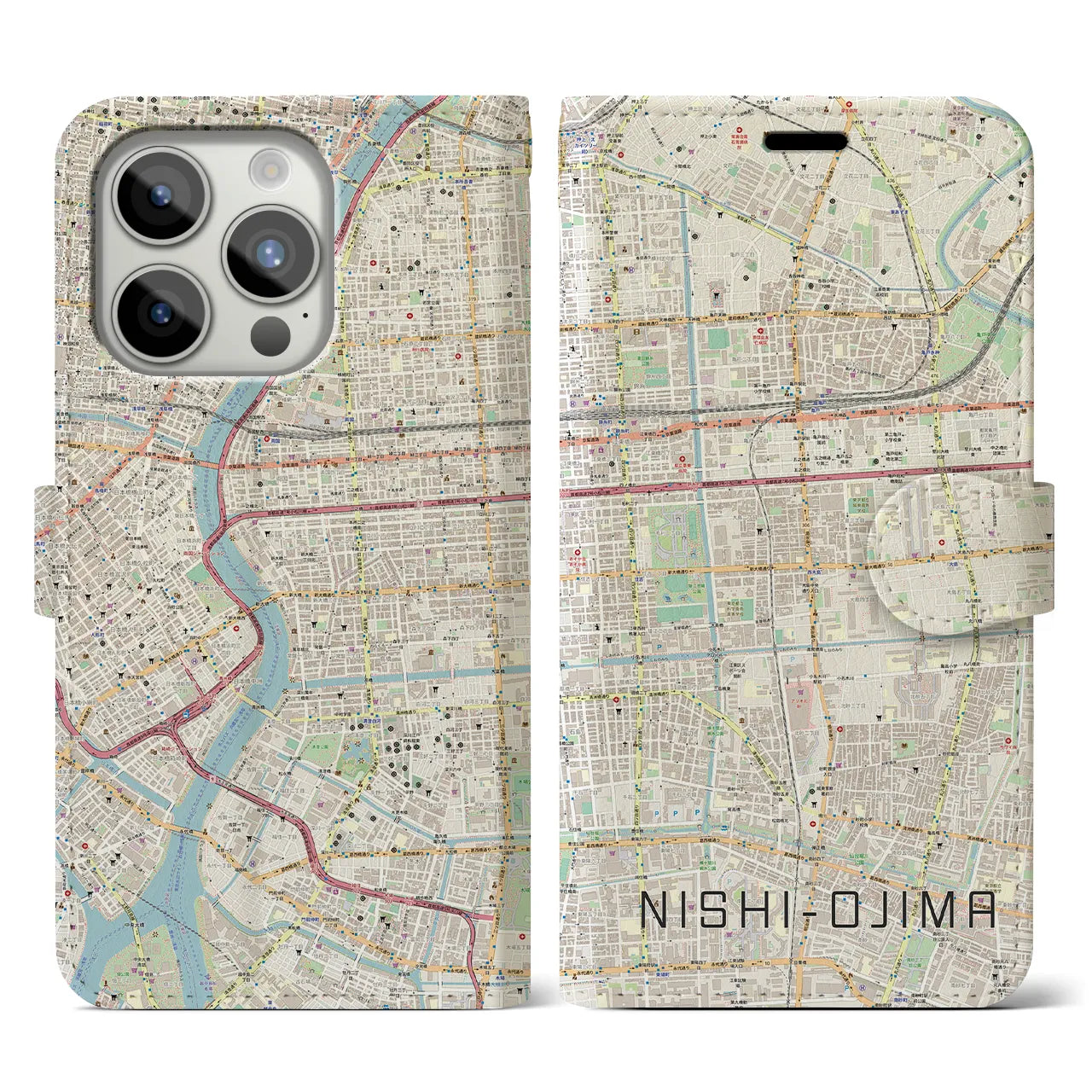 【西大島】地図柄iPhoneケース（手帳両面タイプ・ナチュラル）iPhone 15 Pro 用