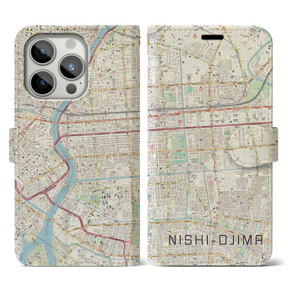 【西大島（東京都）】地図柄iPhoneケース（手帳タイプ）ナチュラル・iPhone 15 Pro 用