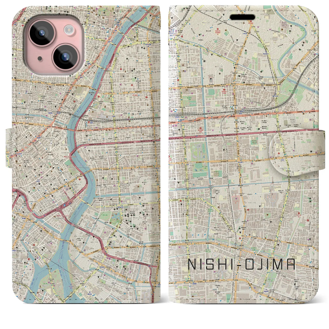 【西大島】地図柄iPhoneケース（手帳両面タイプ・ナチュラル）iPhone 15 Plus 用
