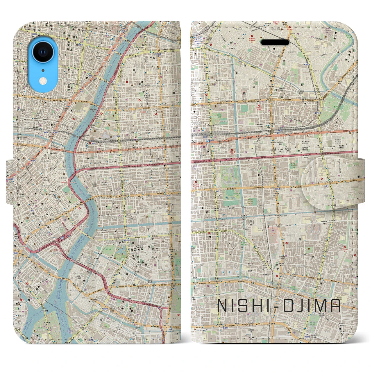 【西大島】地図柄iPhoneケース（手帳両面タイプ・ナチュラル）iPhone XR 用