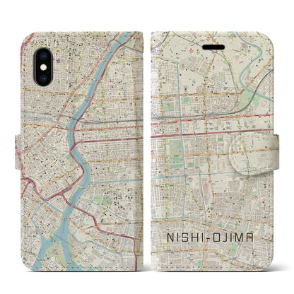 【西大島（東京都）】地図柄iPhoneケース（手帳タイプ）ナチュラル・iPhone XS / X 用