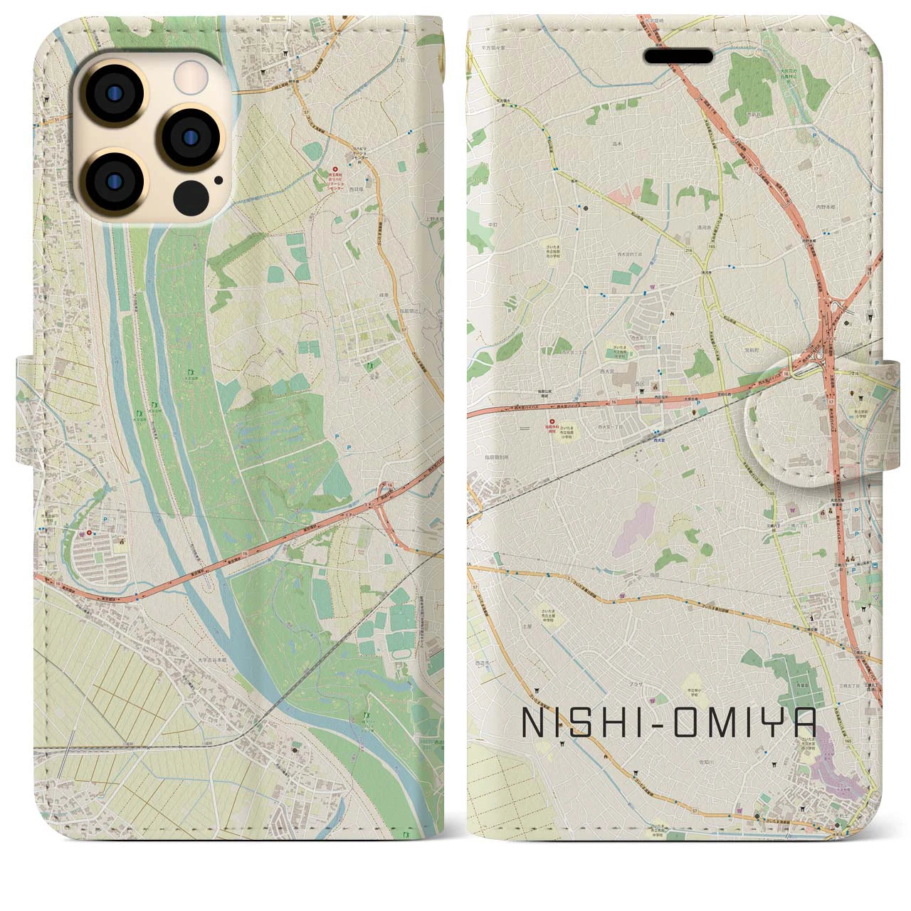 【西大宮】地図柄iPhoneケース（手帳両面タイプ・ナチュラル）iPhone 12 Pro Max 用