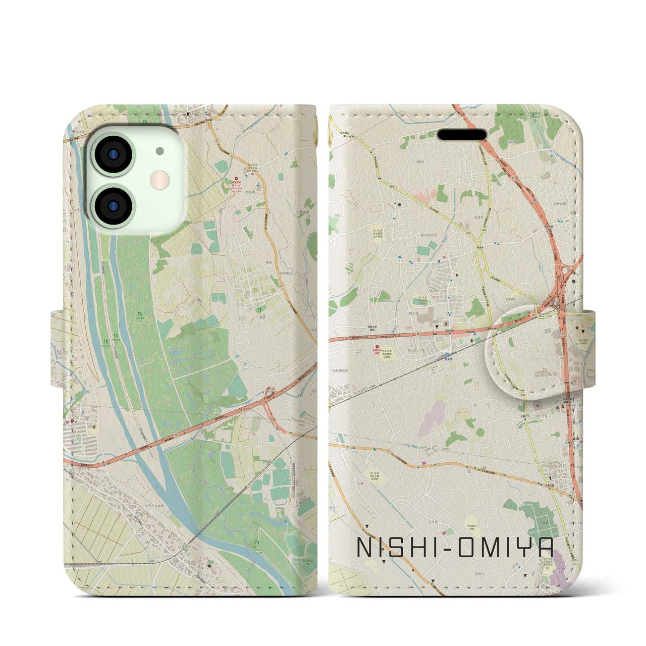 【西大宮】地図柄iPhoneケース（手帳両面タイプ・ナチュラル）iPhone 12 mini 用