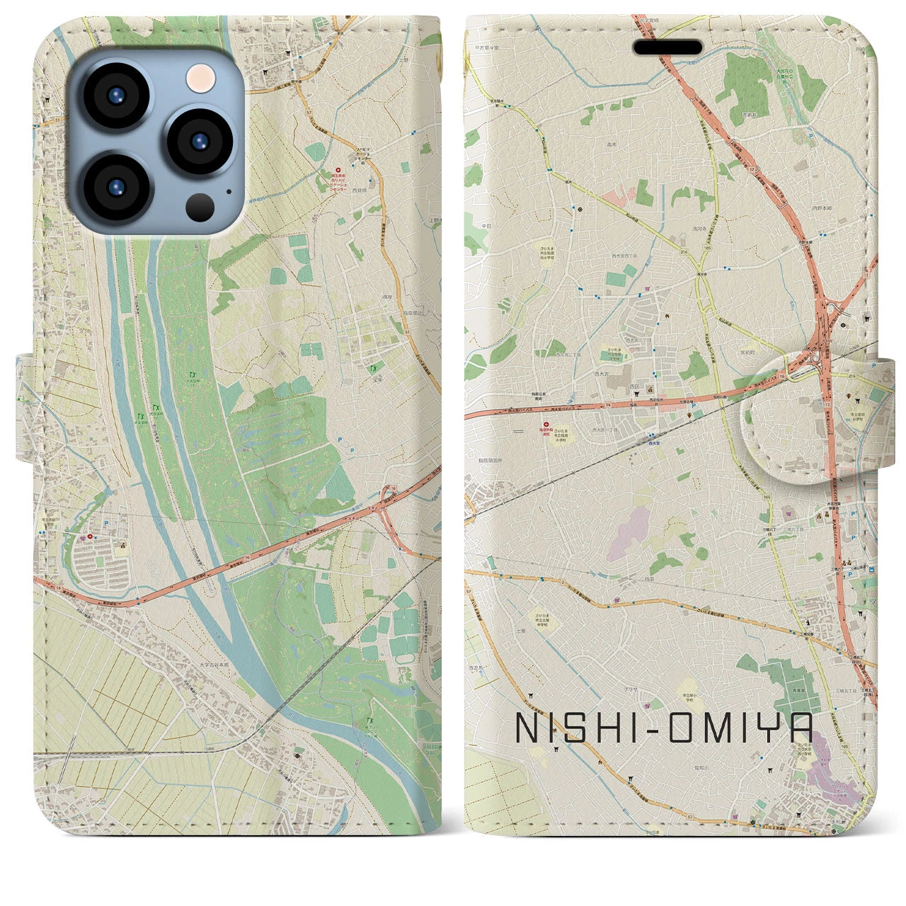 【西大宮】地図柄iPhoneケース（手帳両面タイプ・ナチュラル）iPhone 13 Pro Max 用