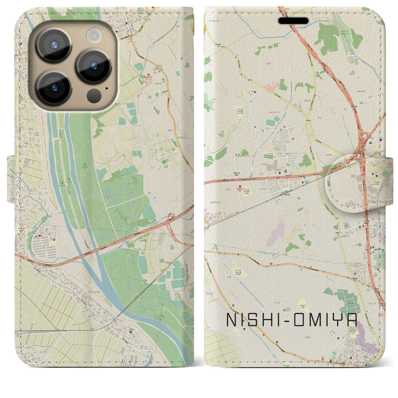 【西大宮】地図柄iPhoneケース（手帳両面タイプ・ナチュラル）iPhone 14 Pro Max 用